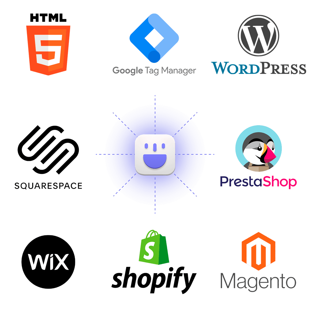 Plataformas compatibles con el Asistente Web: Google Tag Manager, WordPress, Prestashop, Wix, Shopify, Squarespace y Magento