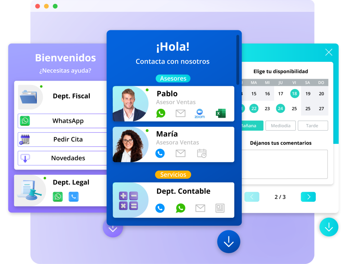 Asistente Web de Lead2Team mostrando asesores y canales de contacto sobre una web corporativa