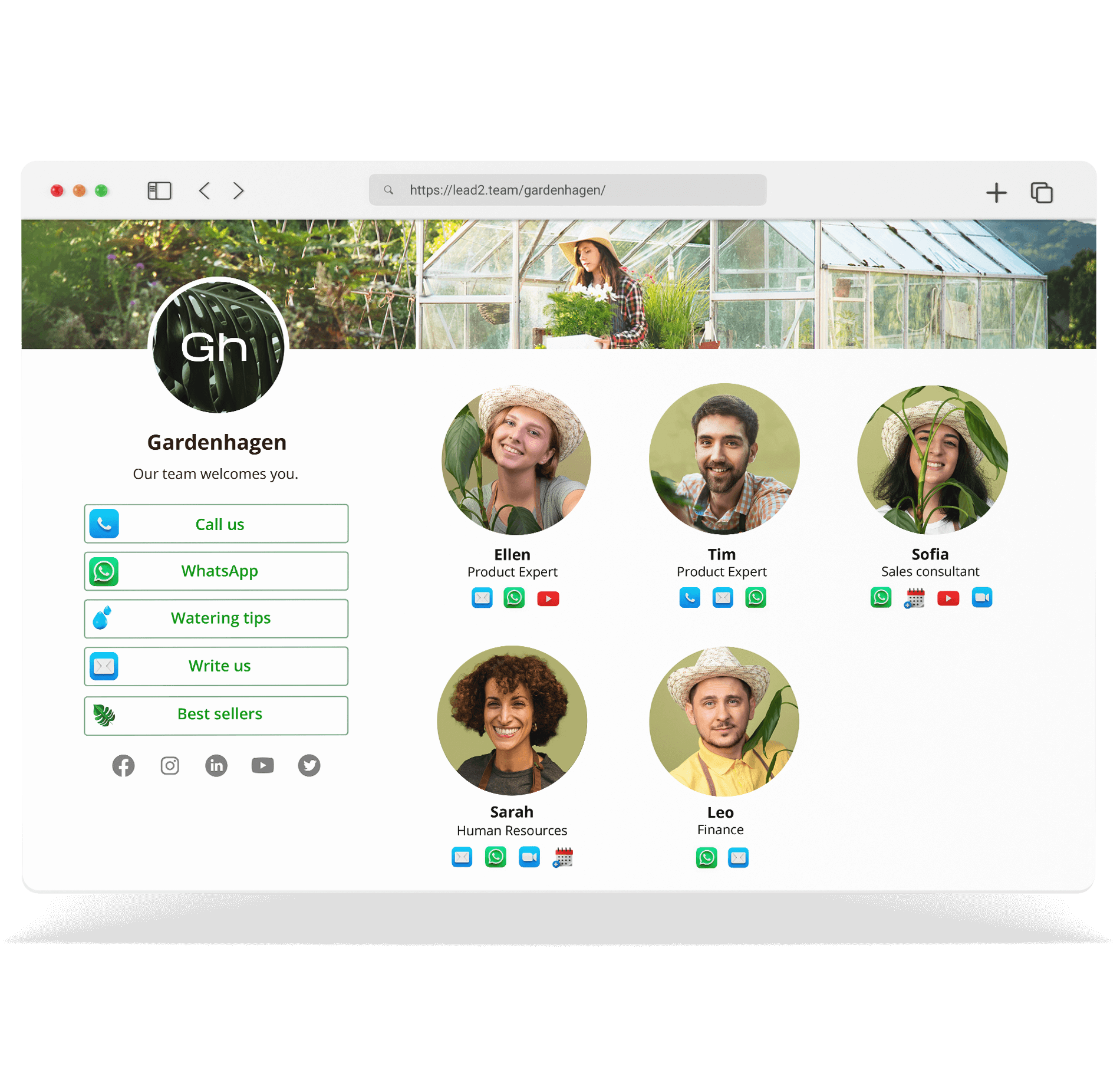 Página de equipo de Lead2Team con las tarjetas digitales de cada profesional