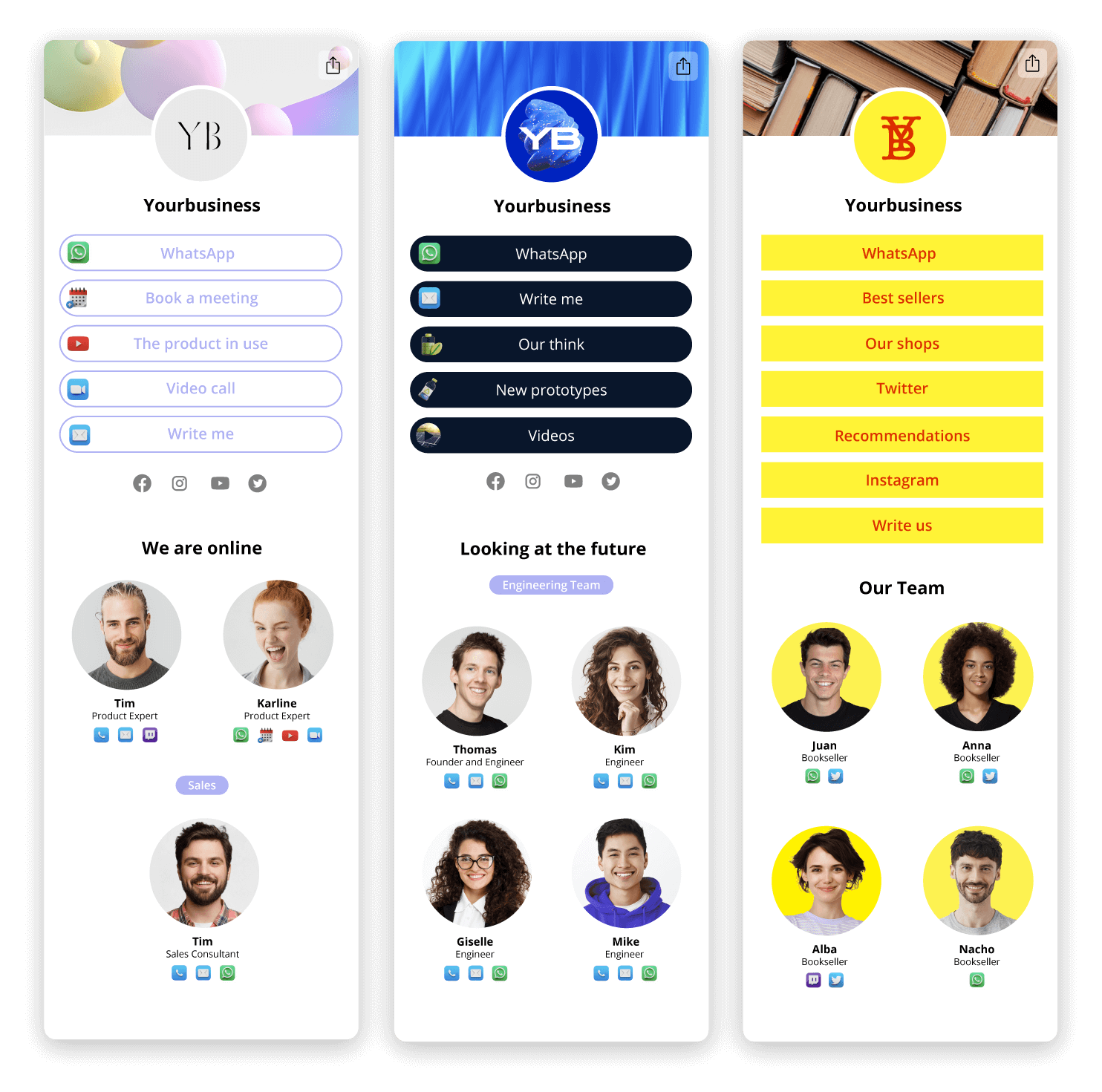 Tarjeta digital de empresa con los perfiles del equipo